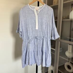 Wiggy Kit Linen Tiered Mini Dress Blue White Drawstring Waist Size XS